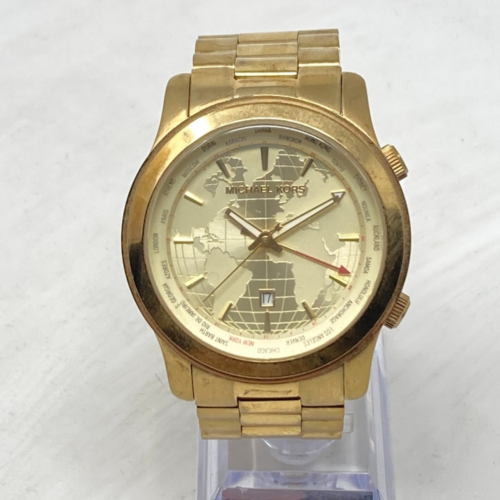 Michael Kors Watch Men 45mm Gold Tone Date World Time MK5960 100M New Battery 7" - Picture 3 of 15